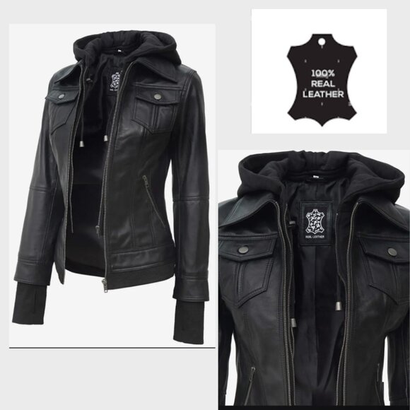 F Jacket Jackets & Blazers - Black Bomber Leather Jacket with Removable Hood NEW Sz M